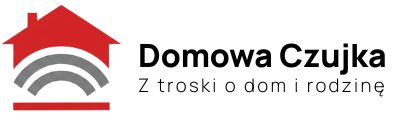 Logo marki Domowa Czujka – czerwony dom z symbolem fal sygnału, oznaczający ochronę i bezpieczeństwo.
